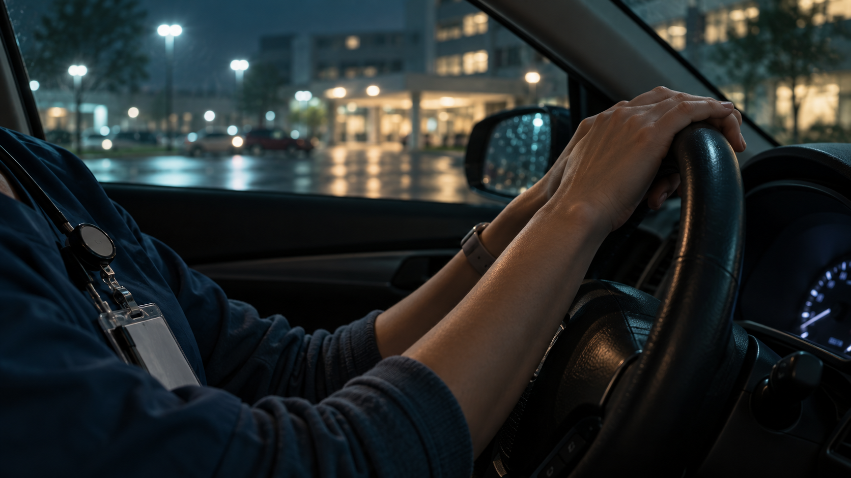 A nurse sitting in a parked car outside the hospital after work