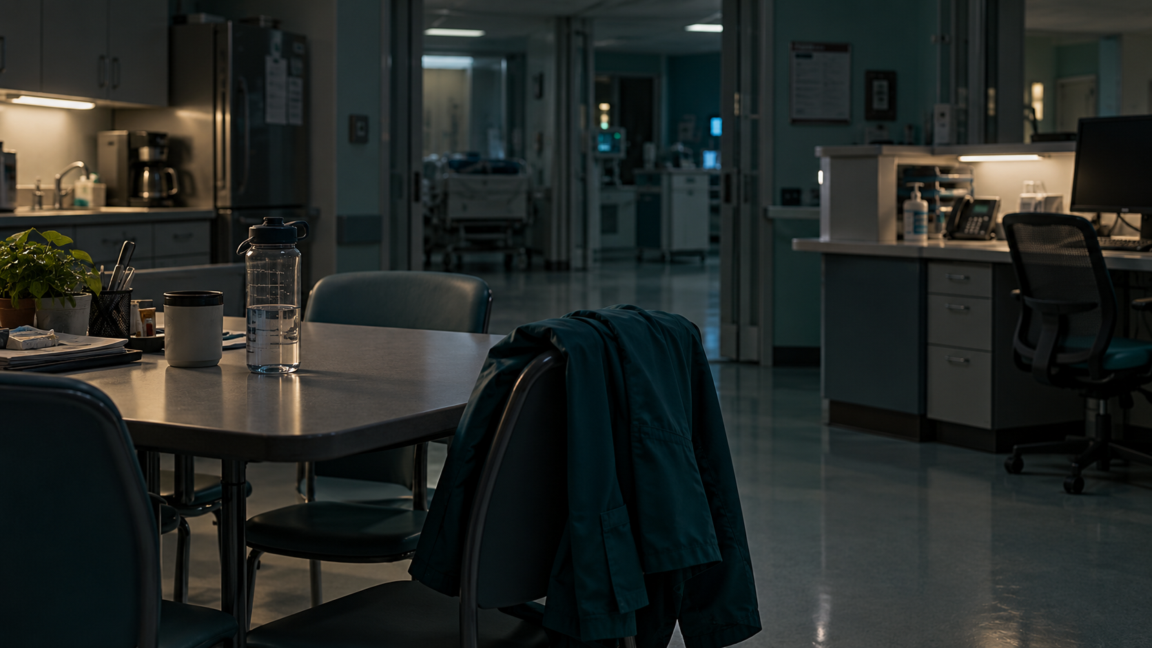 Scrubs draped over a chair beside a hospital nurses’ station